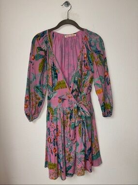 Banjanan Pink Tropical Print Wrap Mini Dress